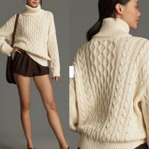 ANTHROPOLOGIE | PILCRO Cream Oversized Cable Knit Turtleneck Fishermen Sweater S